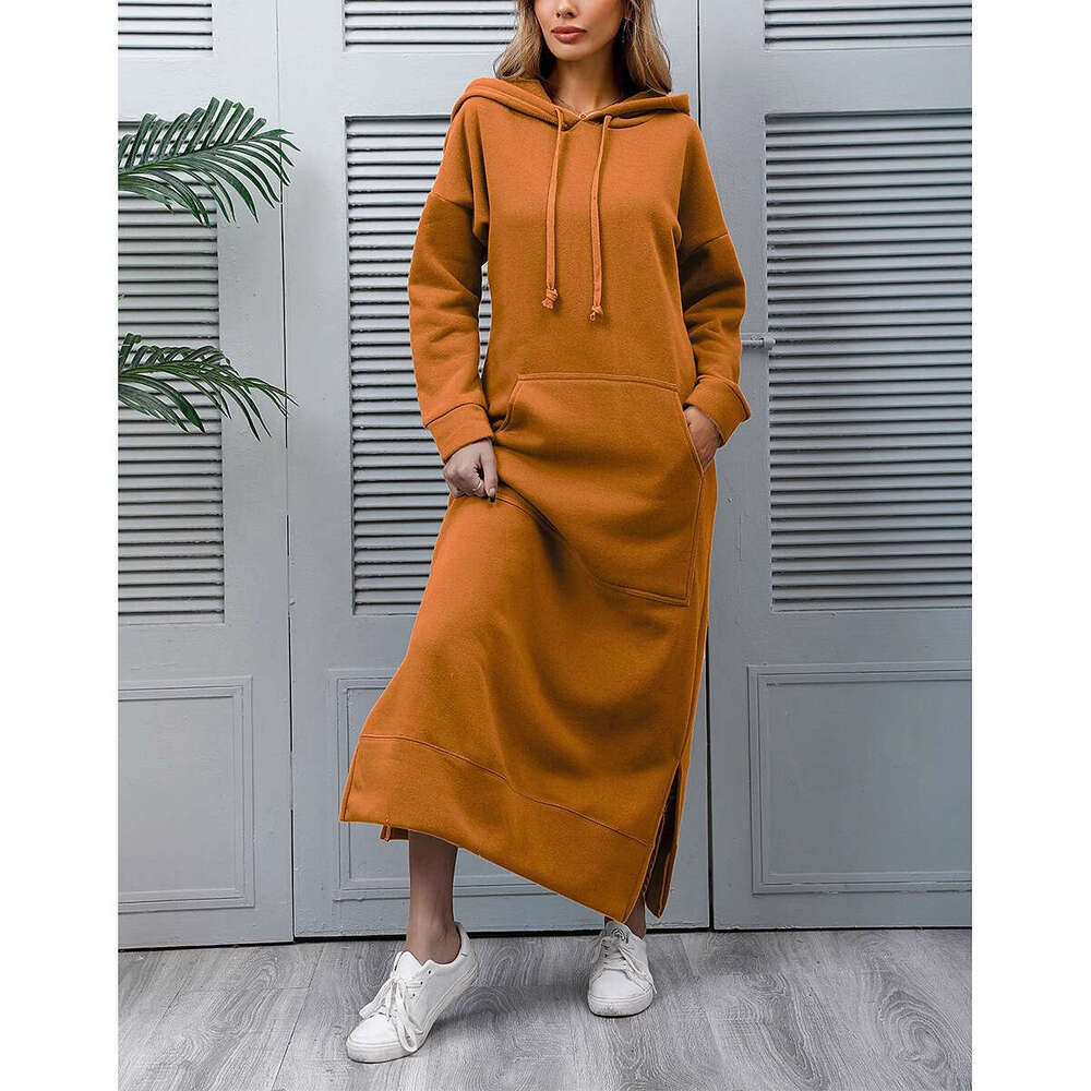 Autumn and winter new loose plus size knitted hooded long wool sweatshirt, casual and fashionable dress with large pockets