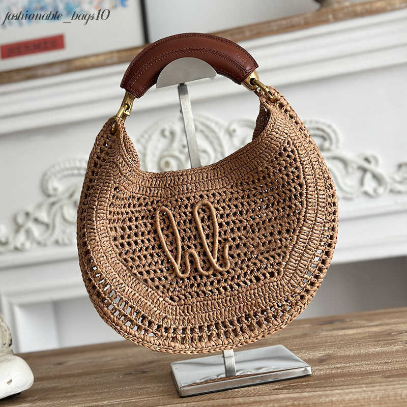 Shoulder Bags Hobo straw bags bag weave tote bag summer beach bag lafite grass weaving genuine leather banana shaped handle travel purse handbag top quality wallet