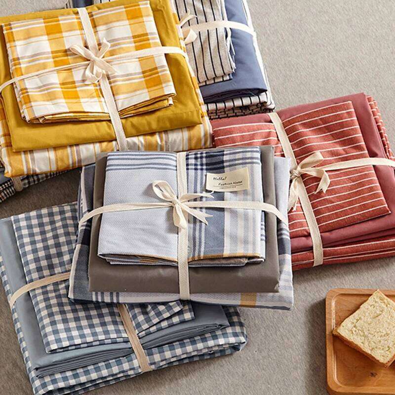 Japanese Style Grid Printed Bedding Washed Cotton Sleeping Naked Quilt Cover Sets Queen/king Size Bed Linens Set Y260124