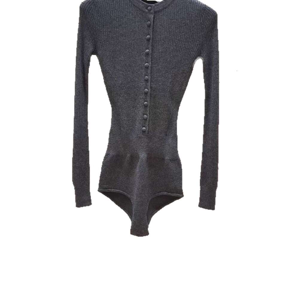 2025 Autumn New French Elegant Designer Dark Grey Ribbed Knitted jumpsuit Top