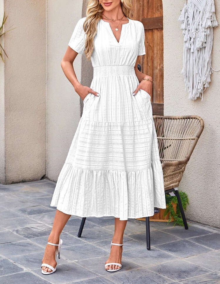 2026 designer European and American women's clothing hot selling V-neck ruffled fluffy flared pants short sleeved dress