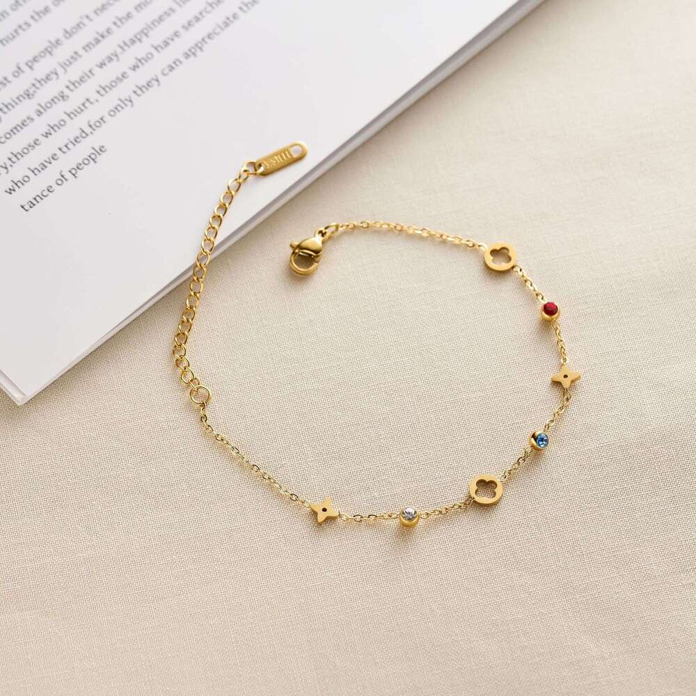 Colorful Diamond Four-Leaf Flower Bracelet for Women Niche Design Inlaid with Diamonds Light Luxury 18K