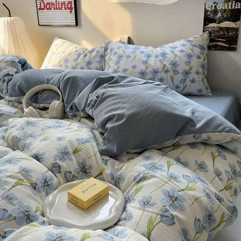 Bedding Duvet Cover Fresh Blue Floral. Wrinkled Yann Set Of Four Pieces, Washing Cotton Bed Sheets Y260124