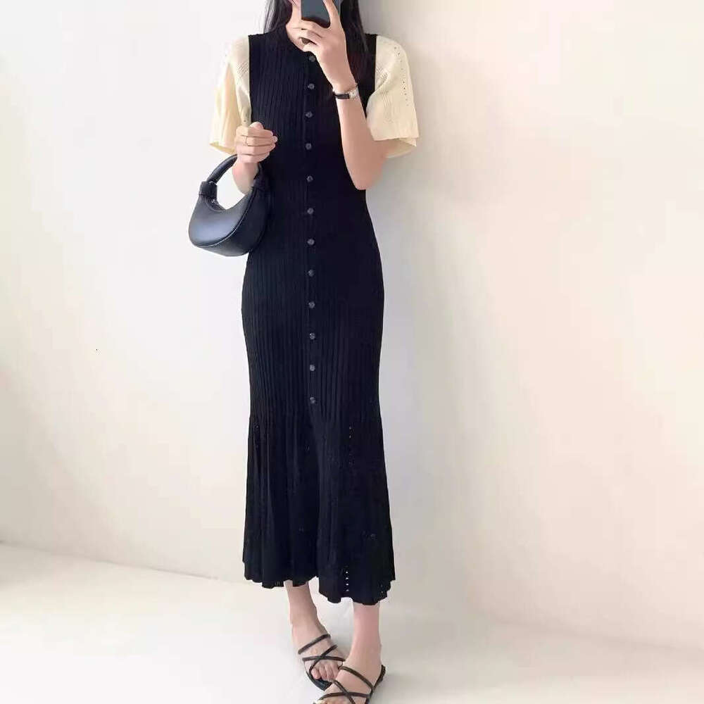 French Elegance 2026 Spring/Summer New Single breasted Round Neck Hollow Mermaid Knitted Waist Skirt for Women
