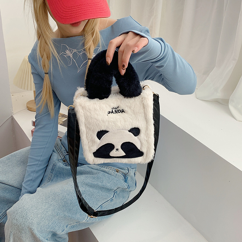 Cute Panda Furry Crossbody For Women Winter New Niche Trendy Plush Korean Style High-Quality Small Square Bag