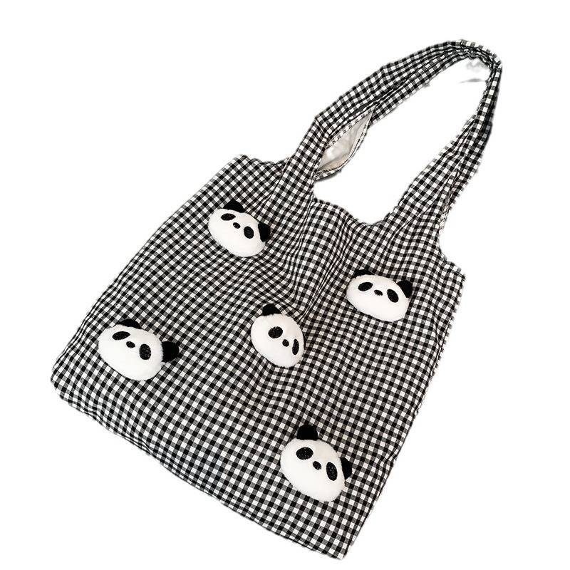 Large Capacity Simple Panda Plush Plaid Vest Canvas Ins Literary Lazy Style Autumn Winter Shopping Shoulder Bag