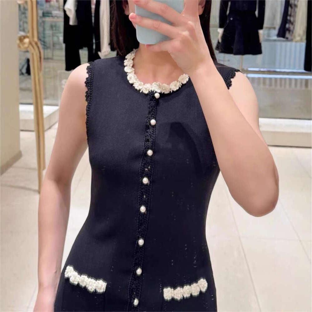 2025 Spring New Elegant Flower Pearl Decorative Color Block Edged Round Neck Women's Sleeveless Dress