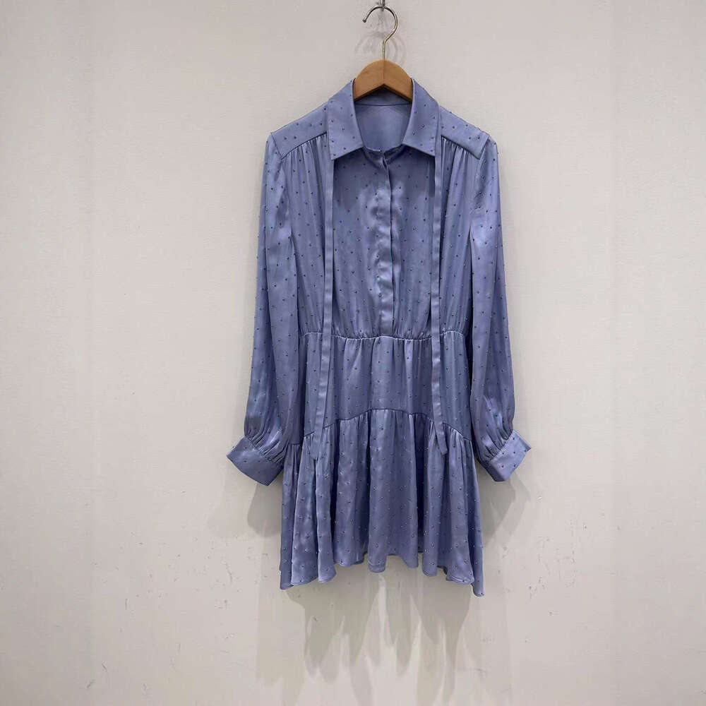 French elegance 2026 autumn new designer blue all rhinestone bow shirt collar dress