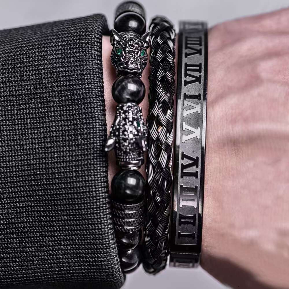 Bracelet Men's Jewelry Mens Bangle Bracelet Set Double Leopard Head Black Bead Braided Roman Bangle Non-Fading Daily Commute Jewelry