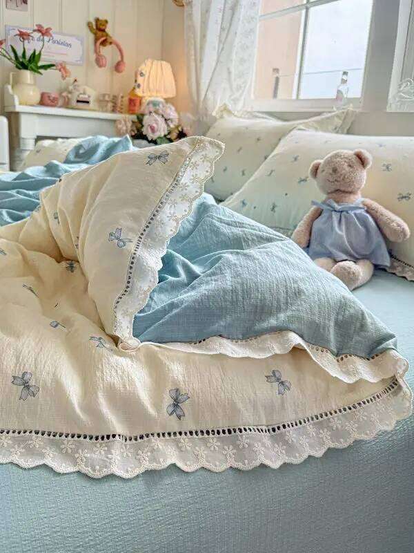 INS Korean Style Blue Bow Double Layer Gauze Four-Piece Simple Lace Edge Duvet Cover Bed Sheet Dormitory 3-Piece Set Y260124