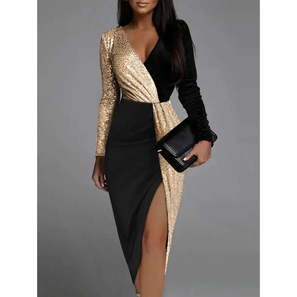 Casual women's dress sexy and elegant black luxury ball sequin cocktail party fashionable women's long sleeved V-neck tight dress