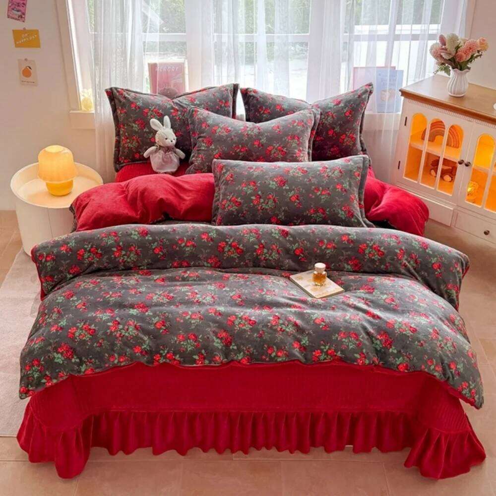Thickened Milk Velvet Bedding Queen King Size Soft Coral Fleece Winter Warm Four-Piece Set Duvet Cover Pillowcase Bed Sheet Y260124