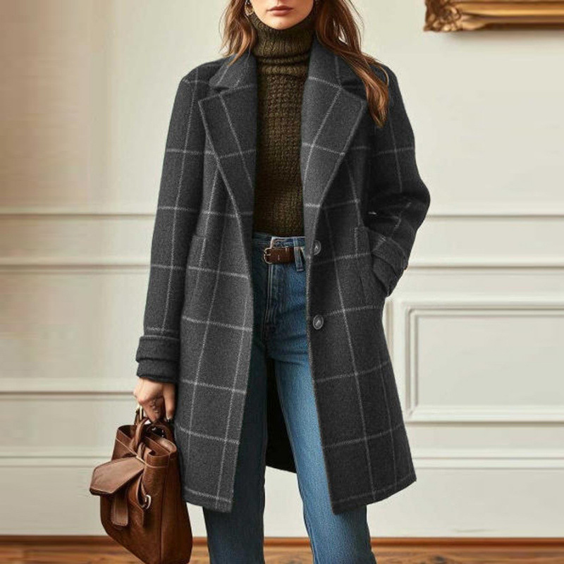 Autumn Winter New Women Wool Plaid Jacket Vintage Mid Length Lapel Coat Classic Double Breasted Trench Female Warm Coats 240830