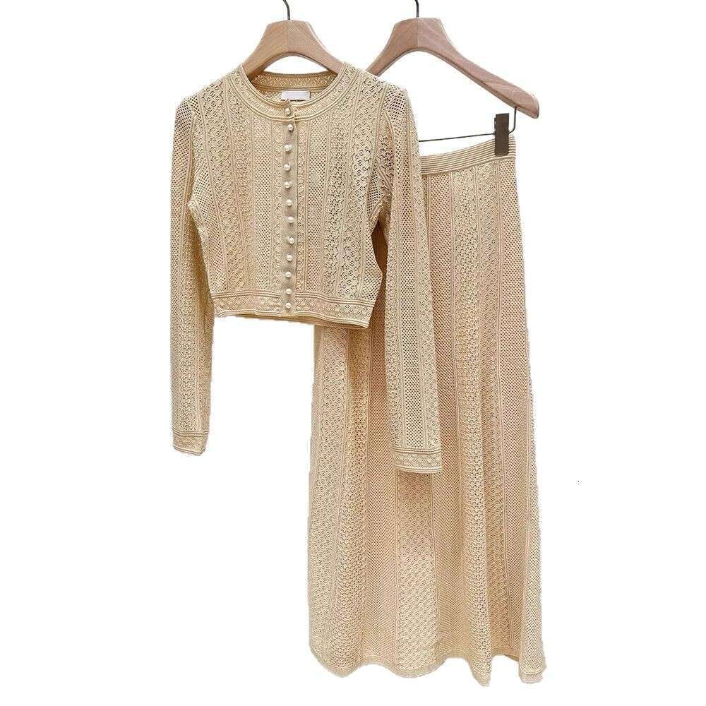2026 Spring New French Elegant Designer Style Hollow Knitted Cardigan Jacket Women's Skirt Set