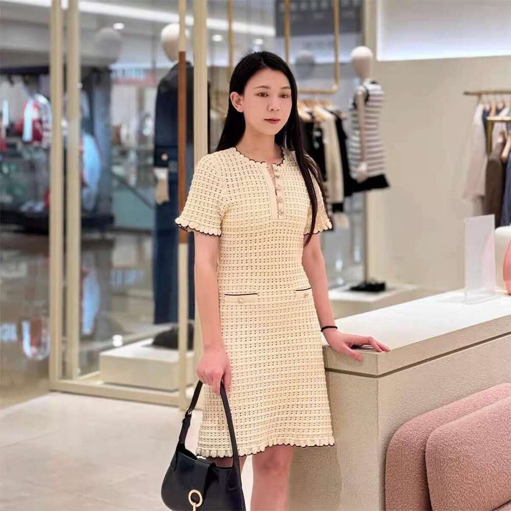 2026 Spring/Summer New French Elegant Style Wave Neck Short Sleeve Crochet Hollow Knitted Women's Dress