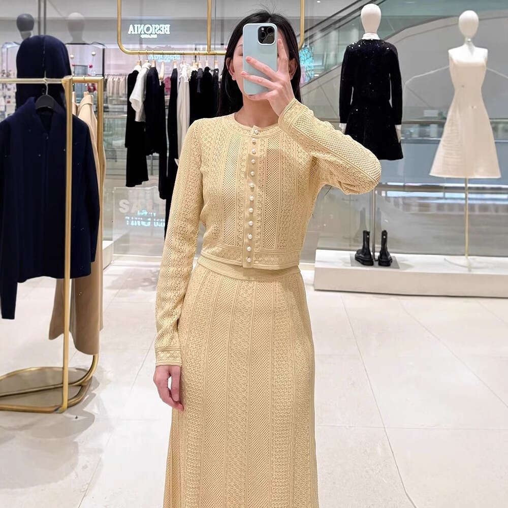 2026 Spring New French Elegant Designer Style Hollow Knitted Cardigan Jacket Women's Skirt Set