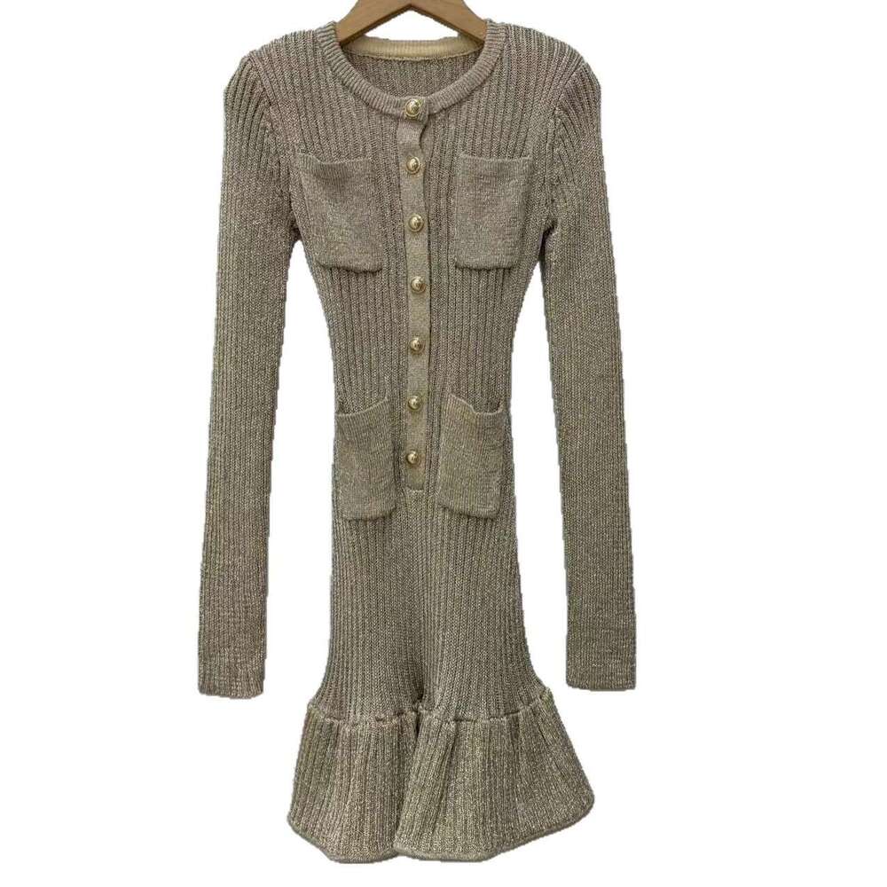 2026 Autumn/Winter New Designer Elegant Social Style Gold Knitted Mermaid Dress Short Skirt for Children