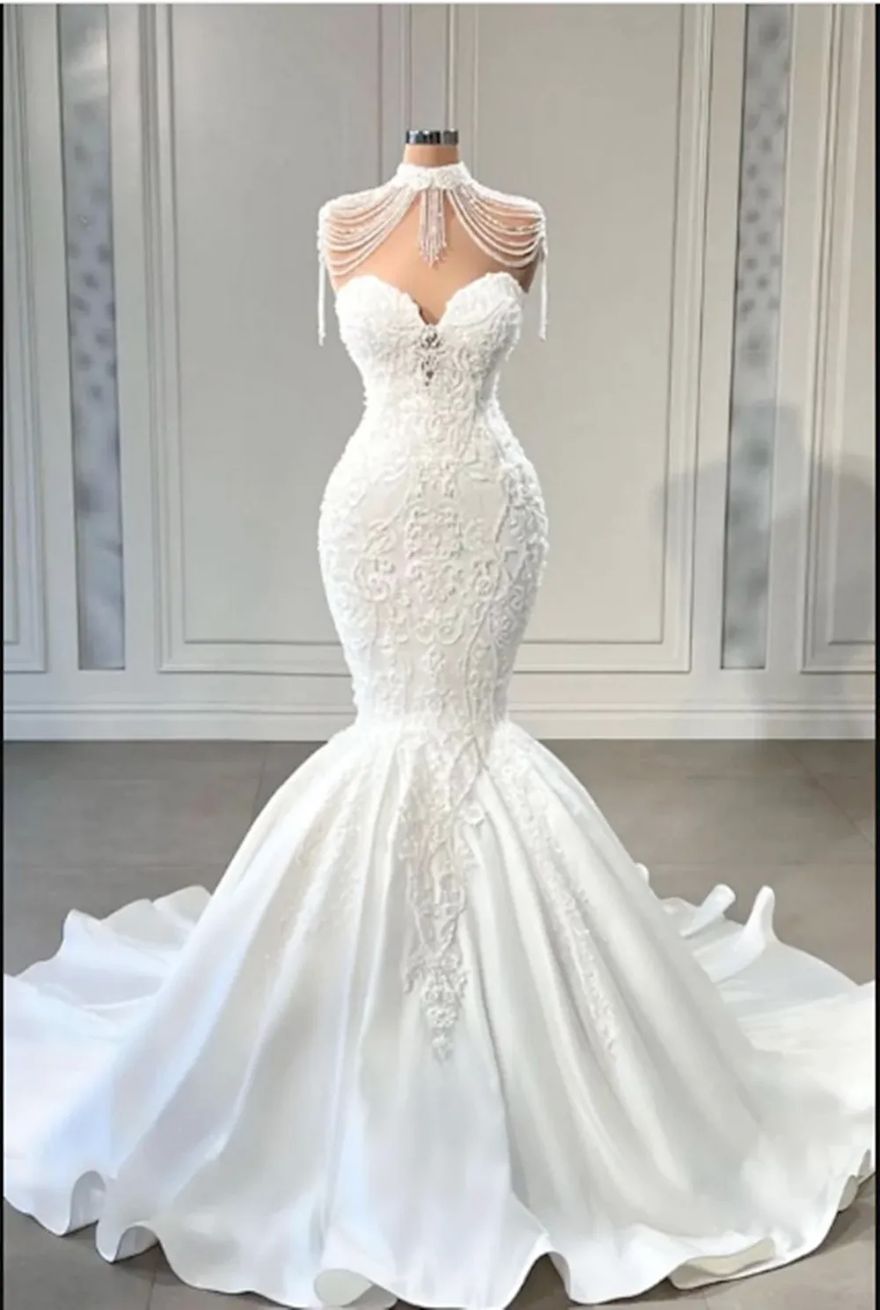 Vintage High Neck Mermaid Wedding Dresses Appliqued Lace Sweetheart Bride Gowns vestidos de novia J26