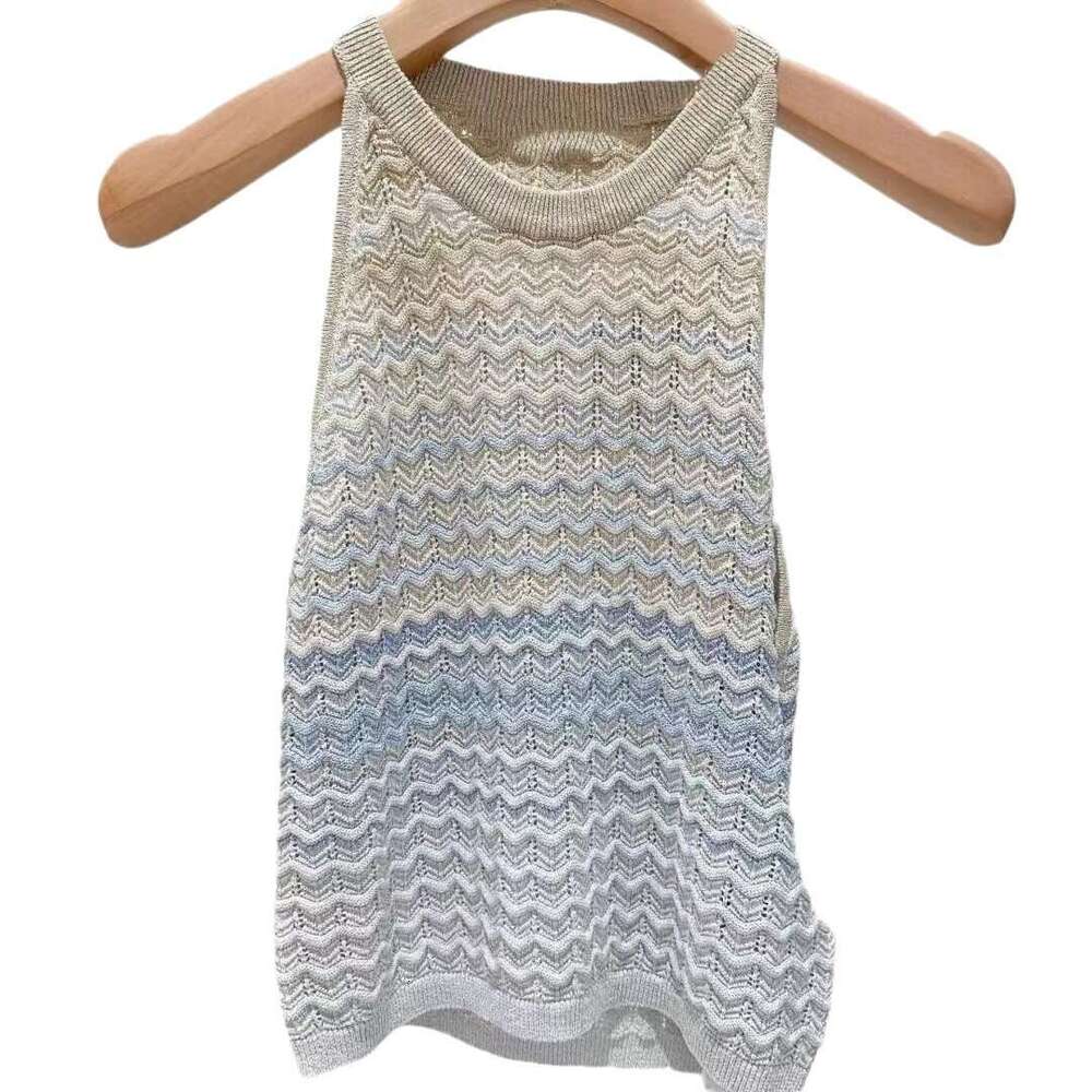 2026 Spring/Summer New Gradient Hollow Wave Pattern Knitted Sleeveless Round Neck Women's Tank Top
