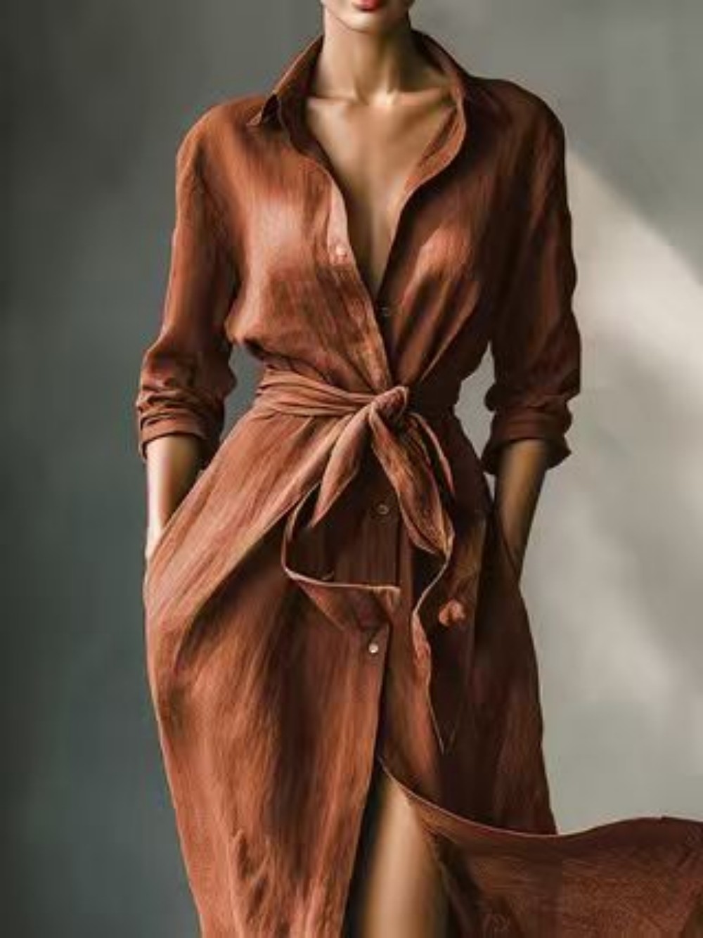Relaxed-fit caramel brown shirt dress suitable for all seasons N020