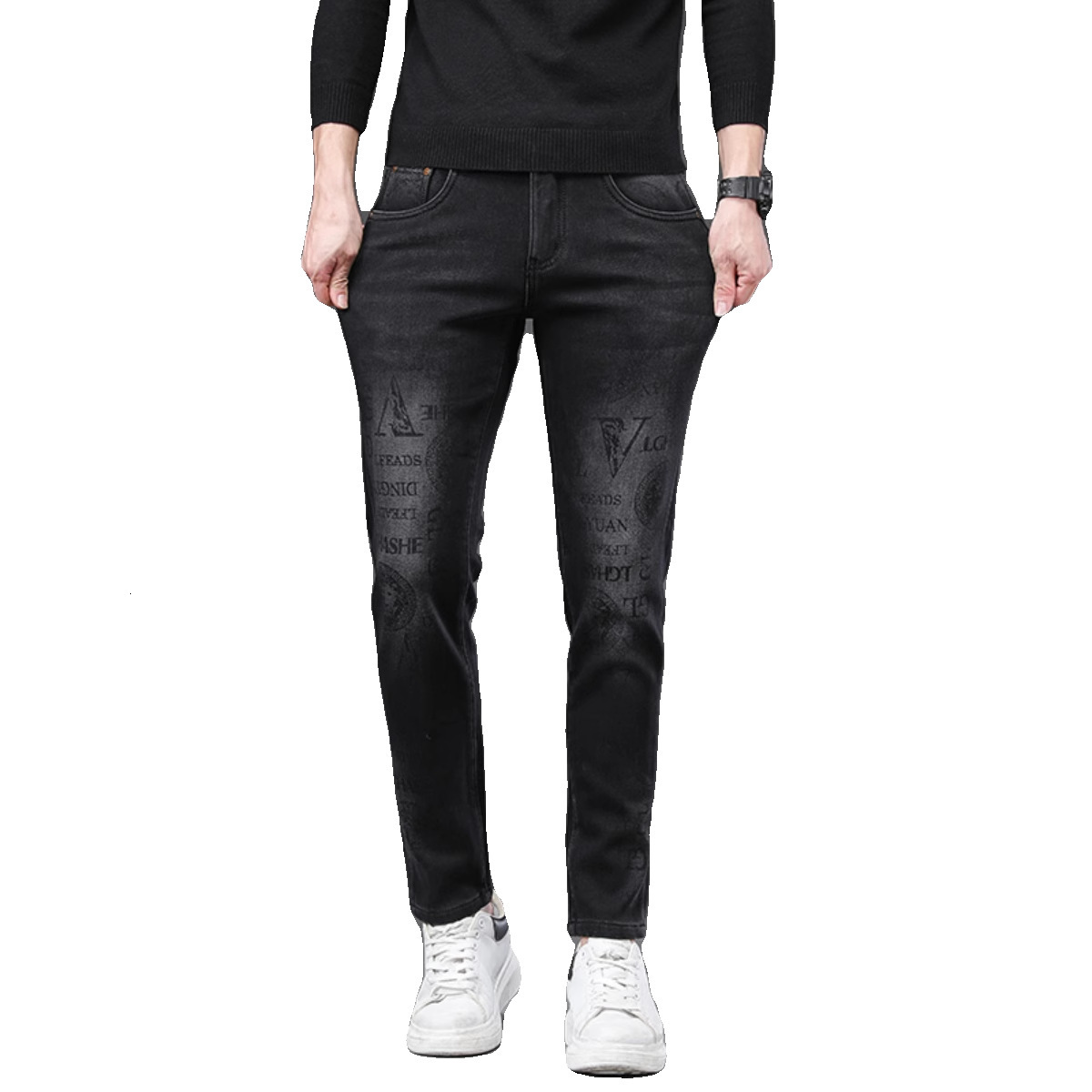 Luxury Brand Designer Clothes 2025 Winter New Printed High-End Jeans Men's Trendy Slim Fit Straight-Leg European Style Black Denim Cropped Pants
