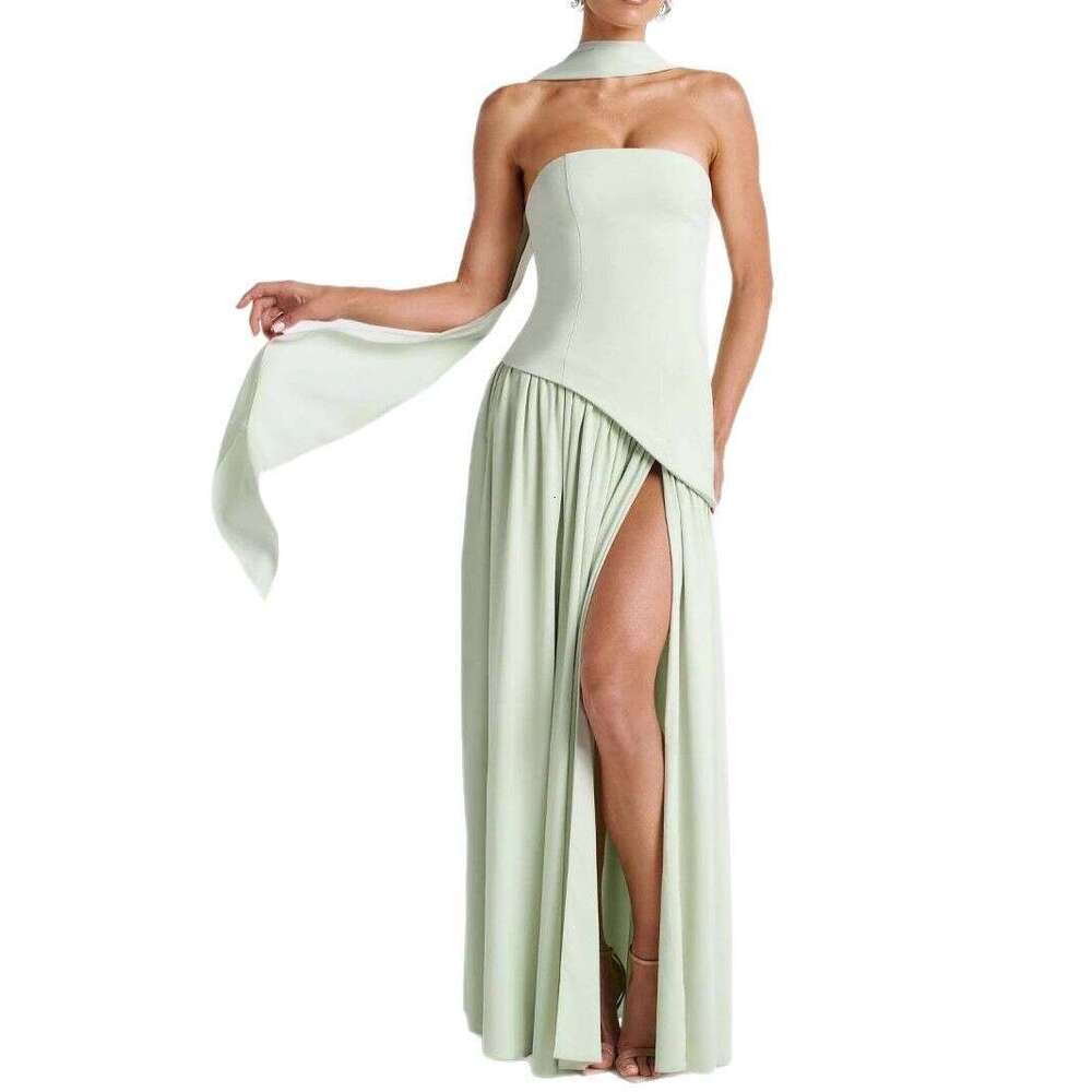 2026 European and American women's strapless solid color fashionable and sexy backless high waisted long skirt new style