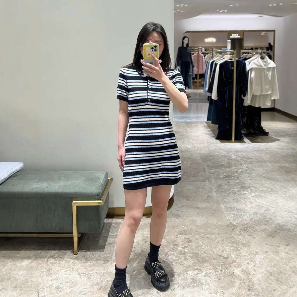 2026 French Elegant Spring/Summer Commuter Multi functional Striped Collar Waist Knitted Dress Short Skirt