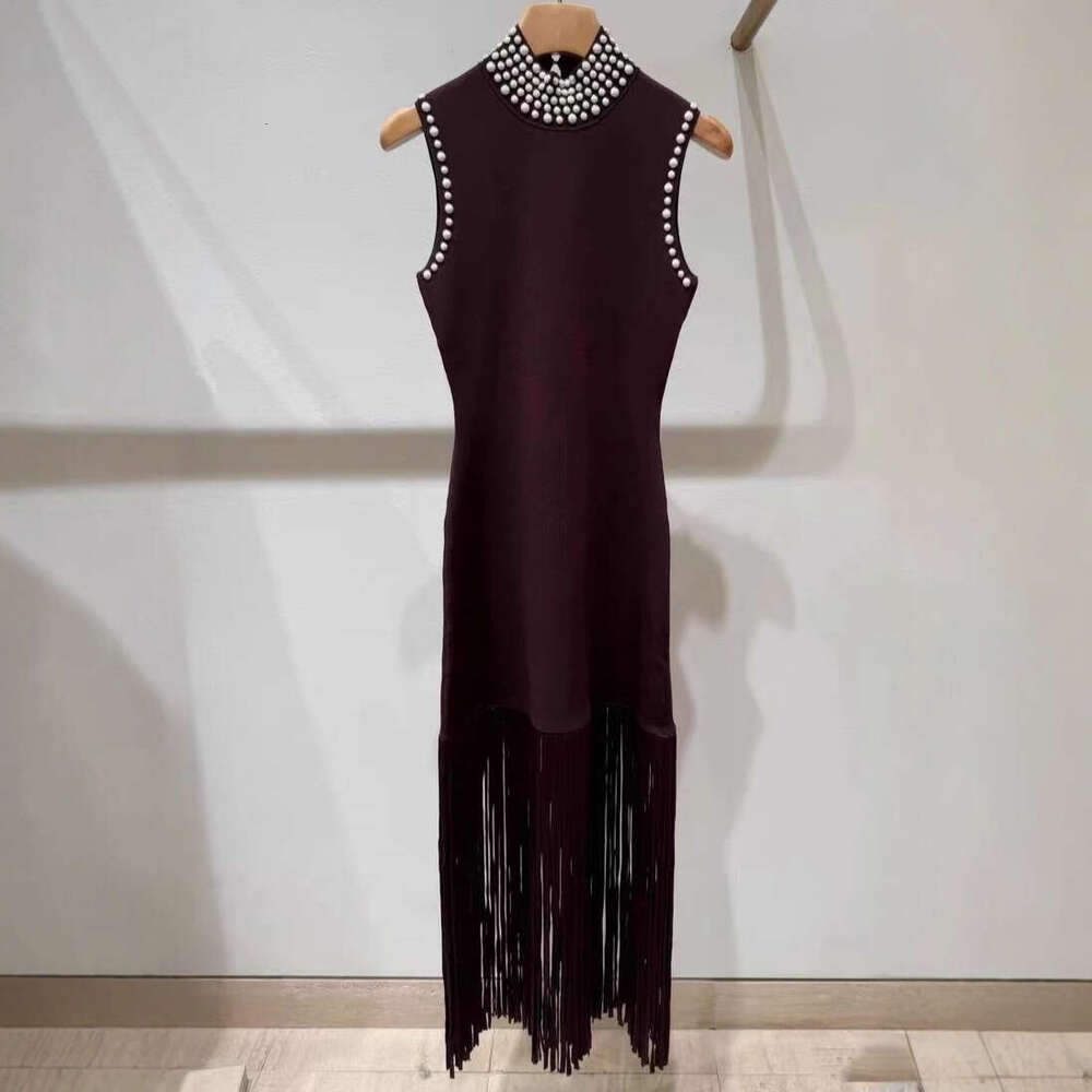 2026 autumn new designer high neck pearl rivet slim fit sleeveless tassel knit women's dress