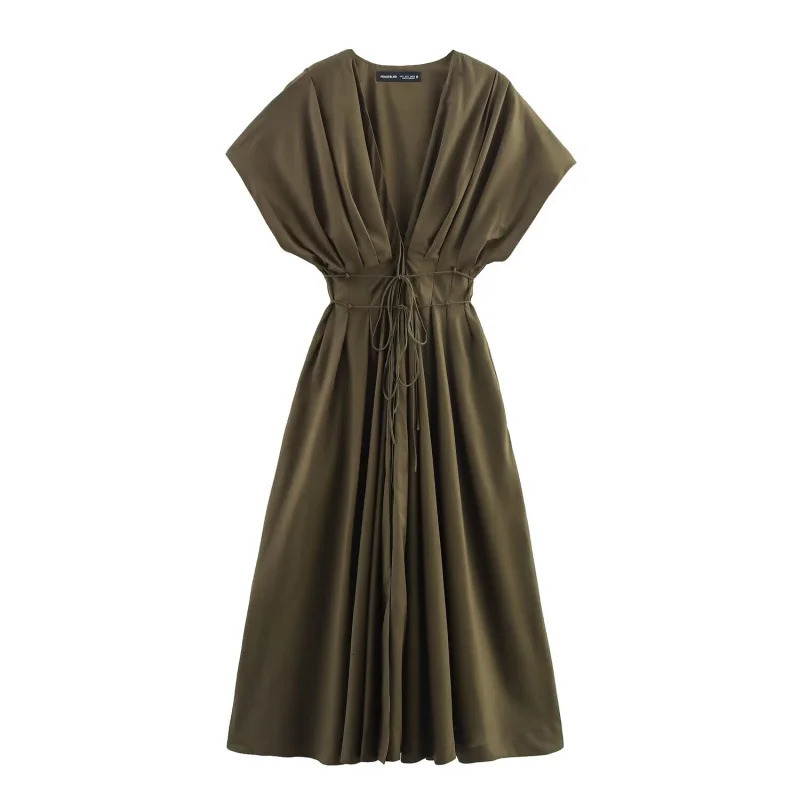 ETJ Summer 2025 womens elegant party dress Vintage Vneck fashion pleated laceup MIDI poplin 260120