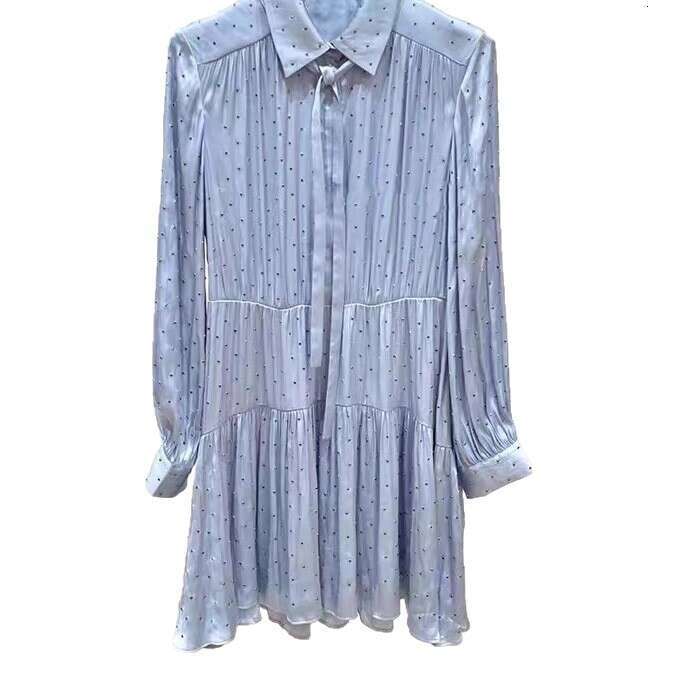 French elegance 2026 autumn new designer blue all rhinestone bow shirt collar dress