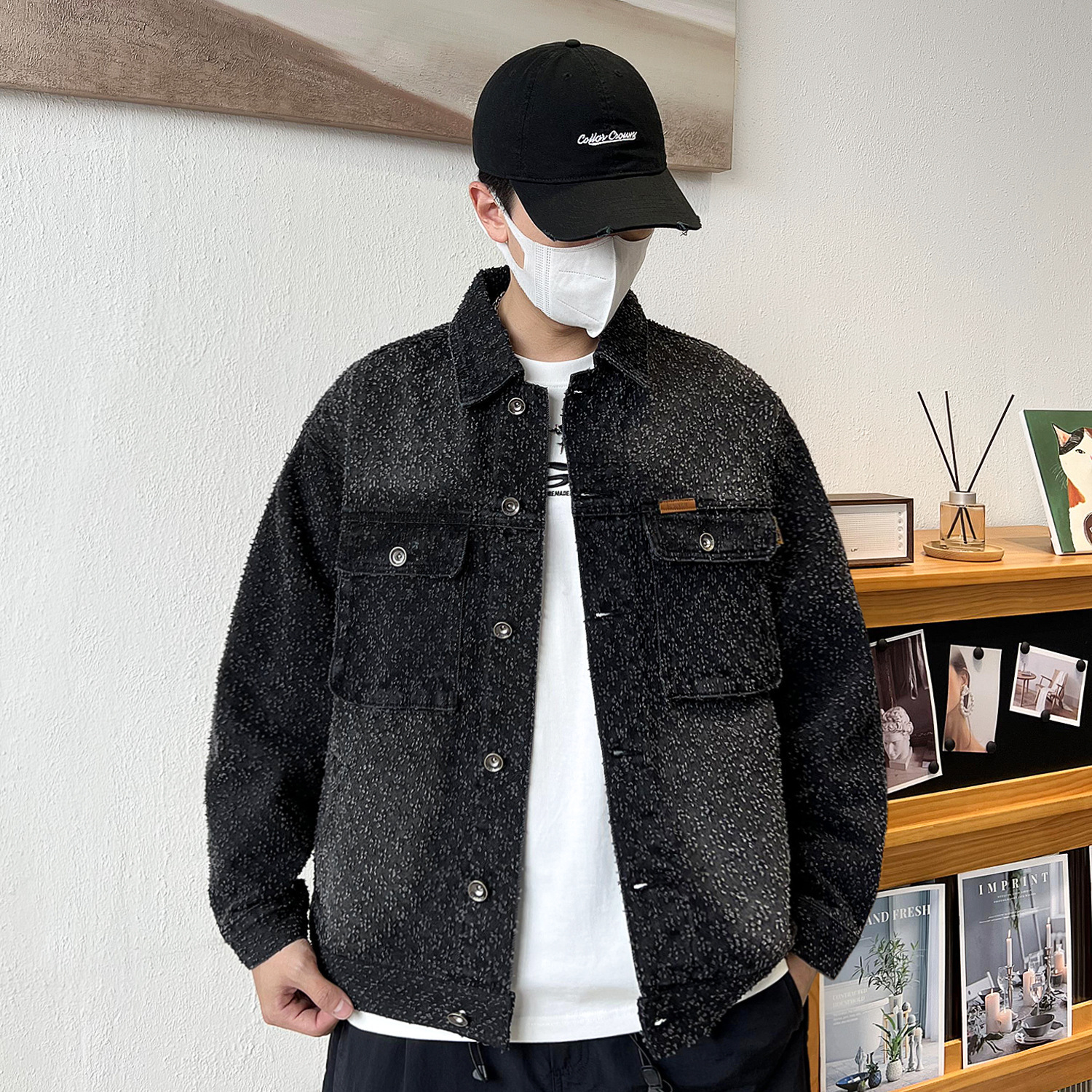 Men's PU Jacket, England Style Cat Paw Jacket with Cats, Blue/Grey Tie-Dye Textured Woven Coat - Long Sleeve Stand Collar, Covered Button, Pocket, Out - view 5