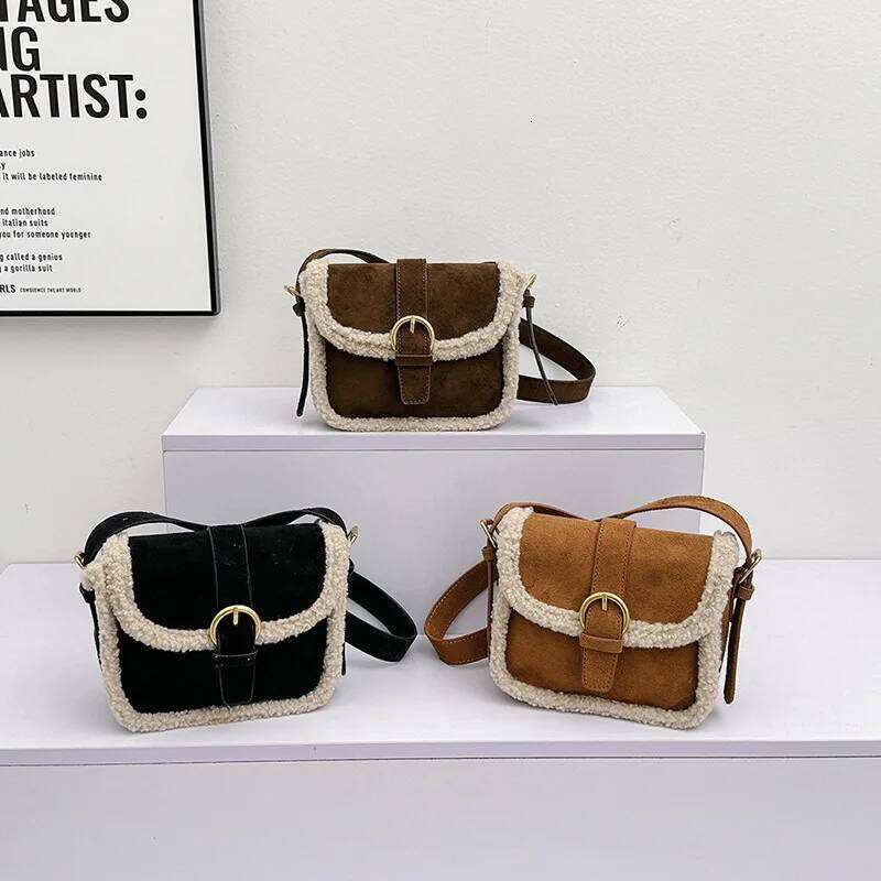 Autumn Winter Plush Bag Women's Korean Retro Small Square Handbags New Suede Lamb Wool Patchwork Shoulder Crossbody Bags XJ260125