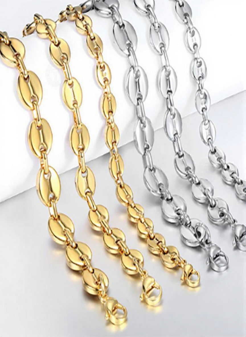 Men Woman 8MM 18K Gold Plated Stainless Steel Coffee Bean Oval Necklace Chain Marina Link Chain Bracelet Hip Hop Jewelry
