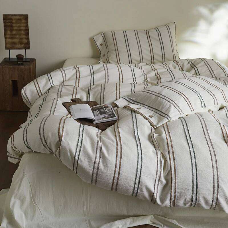 Simple Style Long Staple Cotton Bedding Set Line Shape Patterns Duvet Cover TwinFull QueenSize Bed Fitted Sheet Y260124