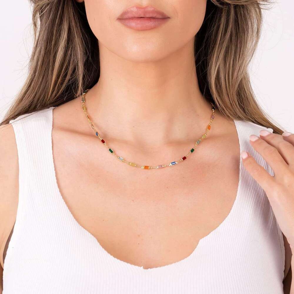 18K Gold Plated Multi Stone Crystal Baguette Necklace for Women - Made