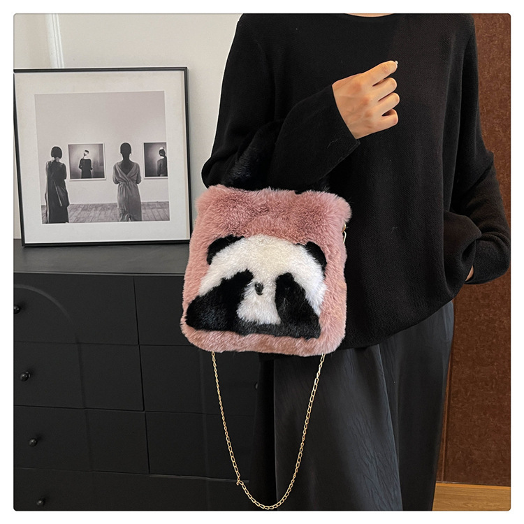 Wholesale New Plush Bucket Cute Panda Face Covering Large Capacity Handbag Single Shoulder Crossbody Bag