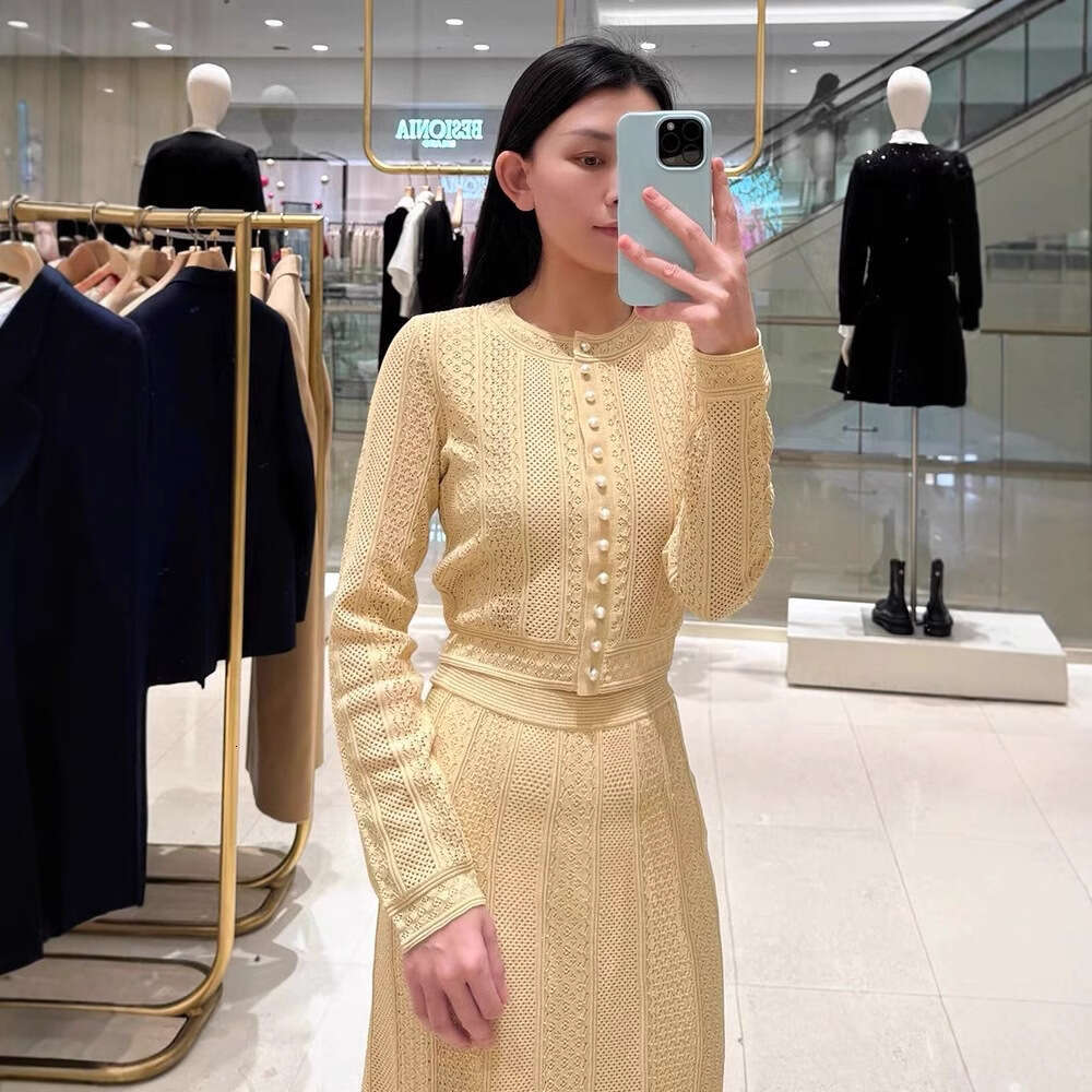 2026 Spring New French Elegant Designer Style Hollow Knitted Cardigan Jacket Women's Skirt Set