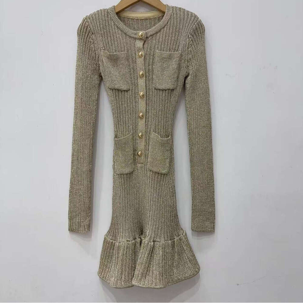 2026 Autumn/Winter New Designer Elegant Social Style Gold Knitted Mermaid Dress Short Skirt for Children