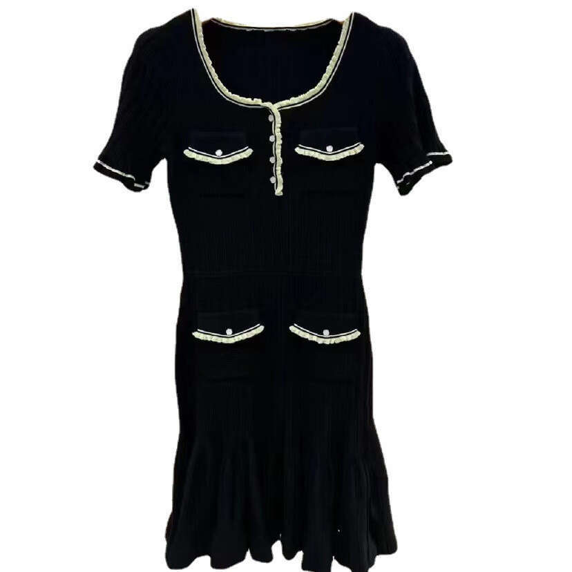 2026 French elegant designer spring new color blocked pleated short mermaid dress