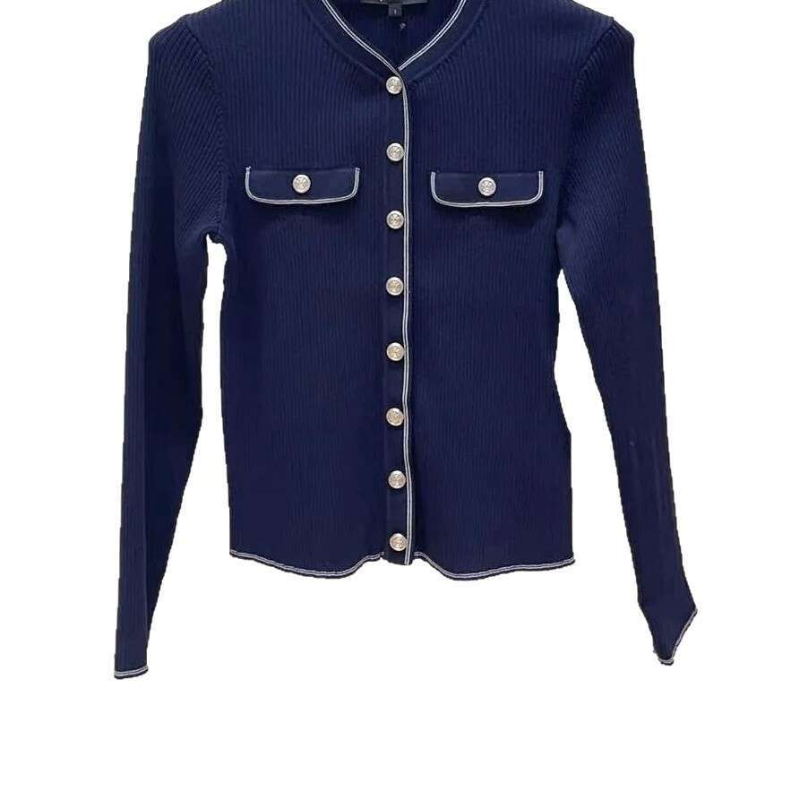 2026 autumn and winter new French elegant designer multifunctional color block metal buckle slim fit knitted cardigan top