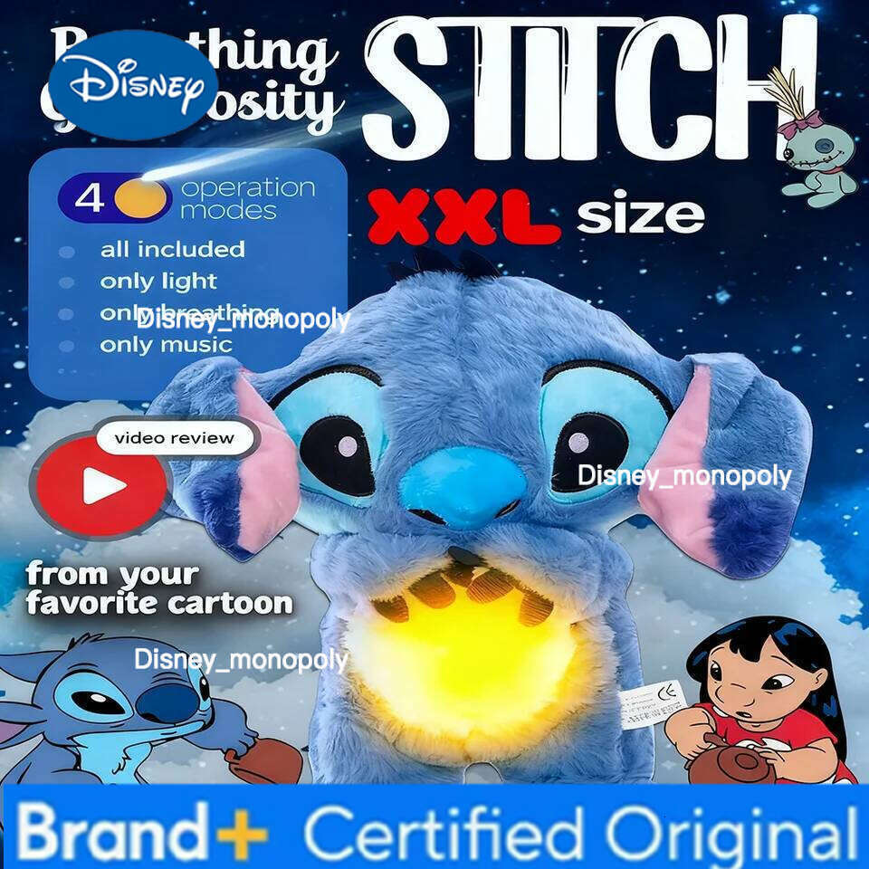 Disney Stitch Breathing Green Shaggy Plush Doll Music & Light Soothing Toy Bedroom Decor Kids Holiday Gift H260126