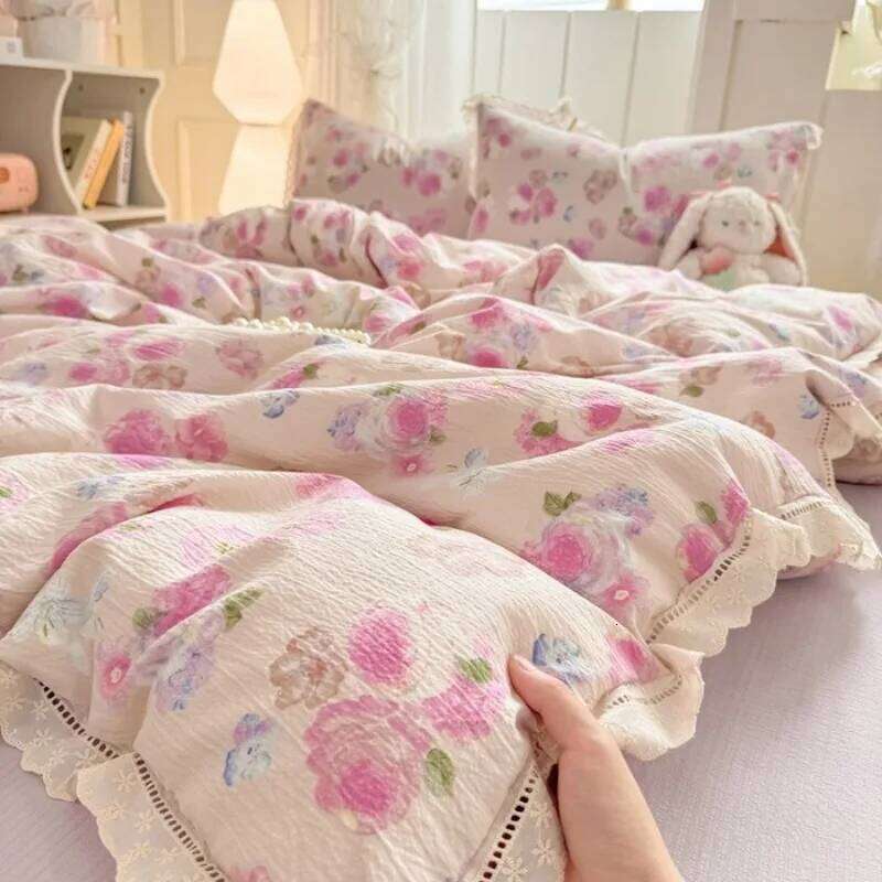 2025 new hollow lace wrinkled cotton four-piece household student dormitory three-piece set bed sheet quilt cover Y260124
