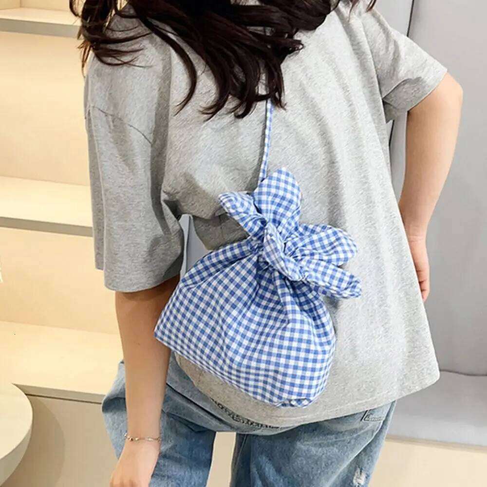 Cute Drawstring Portable Cloth Plaid Flower Crossbody Bundle Pocket Storage Ins Shoulder Bag Student XJ260125