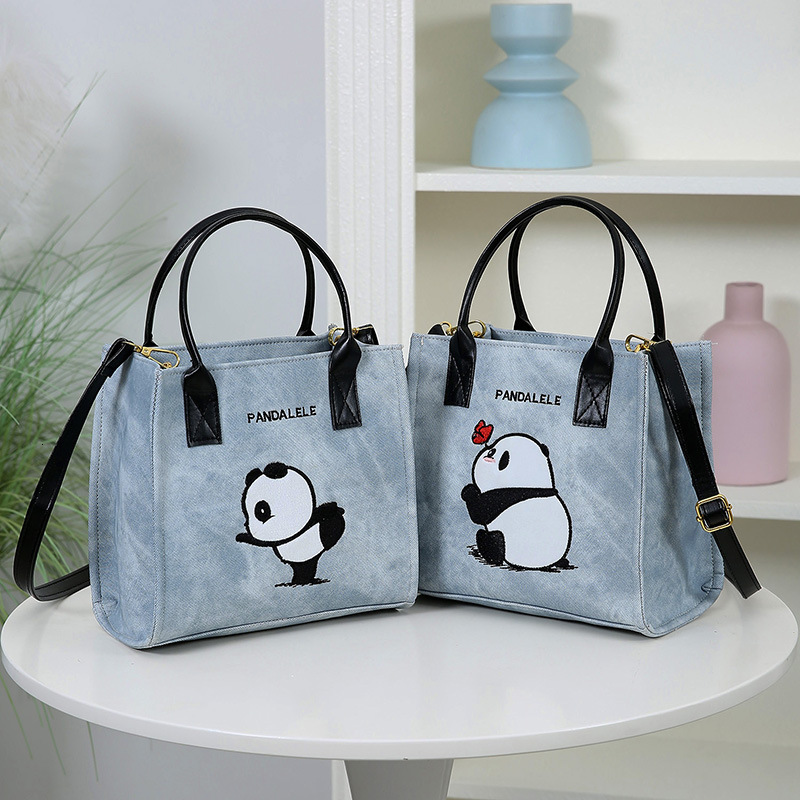 Cute Panda Embroidered Handheld Tote PU Leather Fashion Cartoon Shoulder Simple Versatile Commuter Crossbody Women's Bag