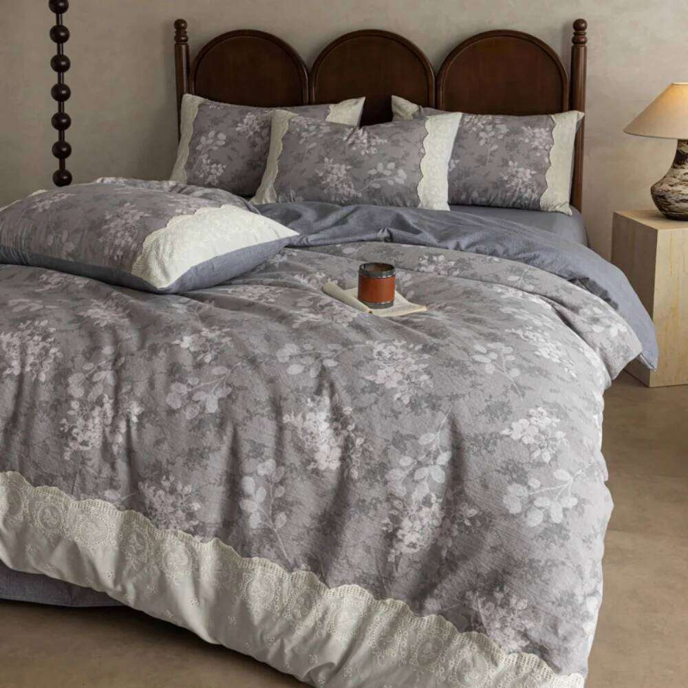 Skin Friendly A Class Cotton Linen Four-Piece Retro Floral Printed Quilt Cover With Lace Pillowcase Bed Sheet Bedding Set Y260124