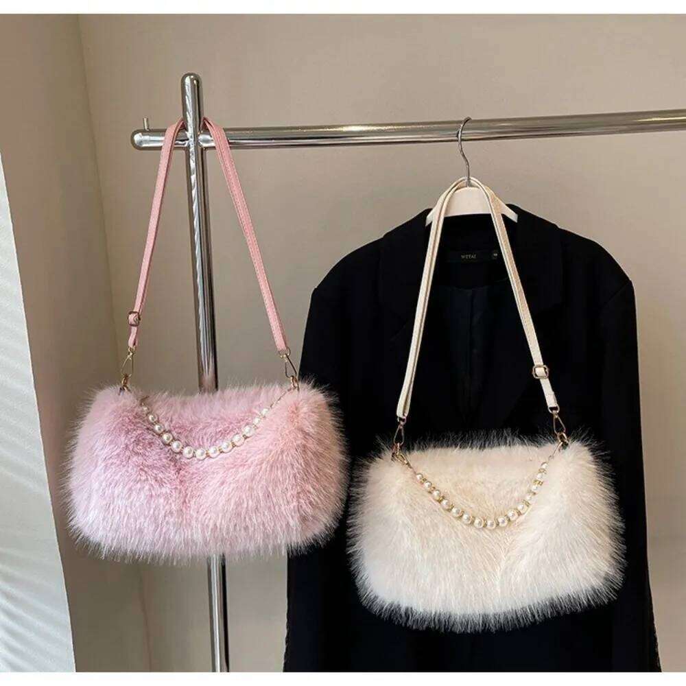 Luxury Faux Fur Shoulder Fluffy Solid Color Handbag Soft Zipper Crossbody Bag XJ260125