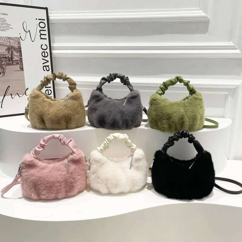 Women Plush Handbag Fashion Autumn Winter Crossbody BagTrendy Texture PU Folded Handheld Solid Single Shoulder Small Square Bag XJ260125