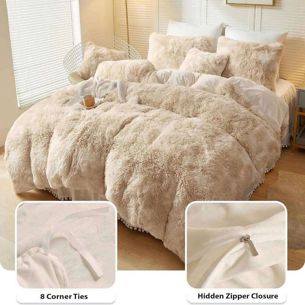 King Size Tie-Dye Plush Faux Fur Duvet Cover Set with 2 Pillowcases, Light Beige Y260124