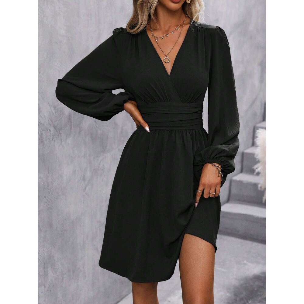 2026 Designer Fashion Dress Autumn/Winter New Style Asymmetric Collar Lantern Sleeve Ruffle Skirt