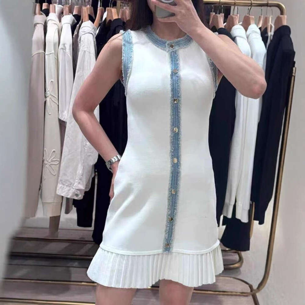 2026 Spring/Summer New Elegant Style Color Block Cowboy Splicing Ruffle Round Neck Knitted Women's Dress